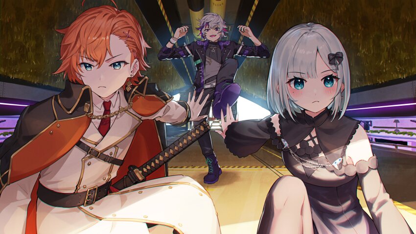 1girl 2boys absurdres ahoge apex_legends belt black_belt black_capelet black_dress black_jacket black_pants blush boots bracelet capelet closed_mouth coat collared_shirt colored_shoe_soles cross cross-laced_footwear crossed_bangs door dress full_body fuwa_minato green_eyes greenhouse grey_hair high_collar highres industrial_pipe jacket jacket_on_shoulders jewelry kaga_sumire kaga_sumire_(3rd_costume) katana lapels light_frown long_sleeves lupinus_virtual_games mole mole_under_eye multiple_boys necklace necktie nemoto_yuuma neo-porte nijisanji olympus_(apex_legends) open_mouth orange_hair overcoat pants pendant purple_eyes red_necktie shadow shibuya_hal shirt sleeves_rolled_up squatting standing standing_on_one_leg sweat swept_bangs sword sword_hilt virtual_youtuber vspo! weapon white_shirt
