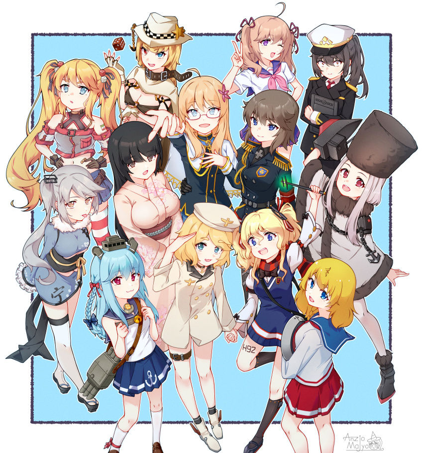 6+girls absurdres andrea_doria_(warship_girls_r) anqiao_de_monv bell beret bismarck_(warship_girls_r) black_hair blonde_hair blue_eyes blue_hair braid breasts brown_hair capelet cowboy cowboy_western curly_hair flower food fubuki_(warship_girls_r) fur_hat gearing_(warship_girls_r) glasses grey_hair hair_flower hair_ornament hat heterochromia highres hood_(warship_girls_r) japanese_clothes kimono large_breasts long_hair looking_at_viewer military military_uniform multiple_girls nevada_(warship_girls_r) ning_hai_(warship_girls_r) one_eye_closed open_mouth peaked_cap pink_eyes pink_hair purple_eyes red_eyes reshitelny_(warship_girls_r) sailor_collar scarf school_uniform short_hair side_braids side_ponytail skirt smile striped_clothes striped_scarf thighhighs twintails two_side_up vauquelin_(warship_girls_r) warship_girls_r watermark weibo_watermark western white_hair yamashiro_(warship_girls_r) yellow_eyes z16_friedrich_eckoldt_(warship_girls_r)