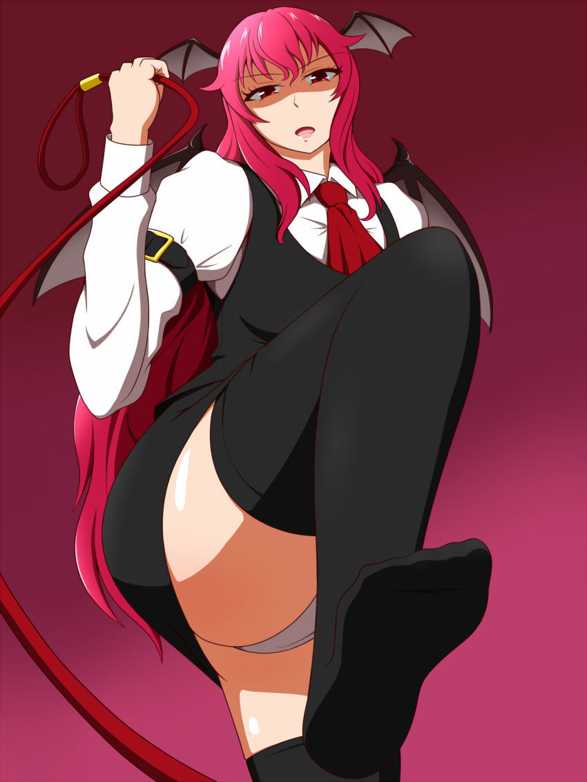 1girl armband black_thighhighs demon_girl dress_shirt feet female_focus femdom foot_focus gradient_background head_wings highres holding holding_leash koakuma lactone leash long_hair long_sleeves looking_down necktie no_shoes open_mouth panties pink_hair pov red_eyes shiny_skin shirt solo thighhighs touhou underwear upskirt viewer_on_leash white_shirt wings