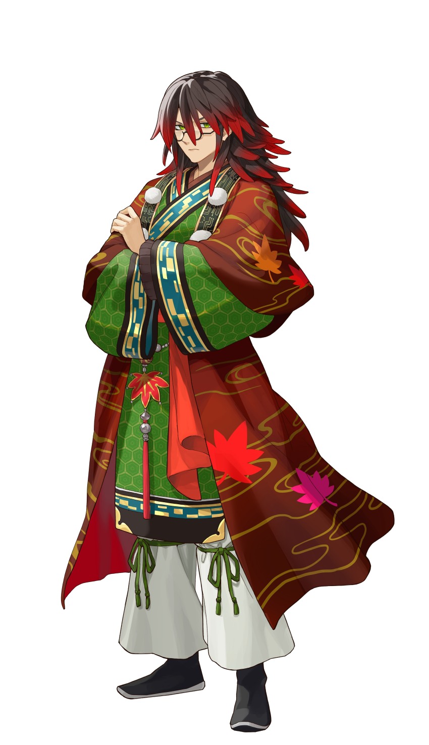 1boy absurdres artist_request black_hair black_shoes closed_mouth coat frown full_body glasses gradient_hair green_eyes green_robe hair_between_eyes highres kurama_(rune_factory) long_hair long_sleeves looking_at_viewer male_focus multicolored_hair official_art pants red_coat red_hair robe rune_factory rune_factory:_guardians_of_azuma shoes simple_background solo standing transparent_background white_background white_pants wide_sleeves