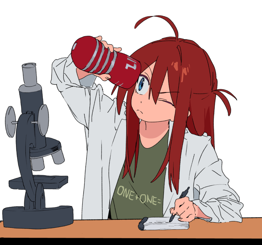 1girl ahoge blue_eyes closed_mouth dildo green_shirt hipa_(some1else45) holding holding_pen holding_sex_toy lab_coat long_hair microscope notebook one_eye_closed original pen red_hair sex_toy shirt simple_background solo some1else45 tenga white_background