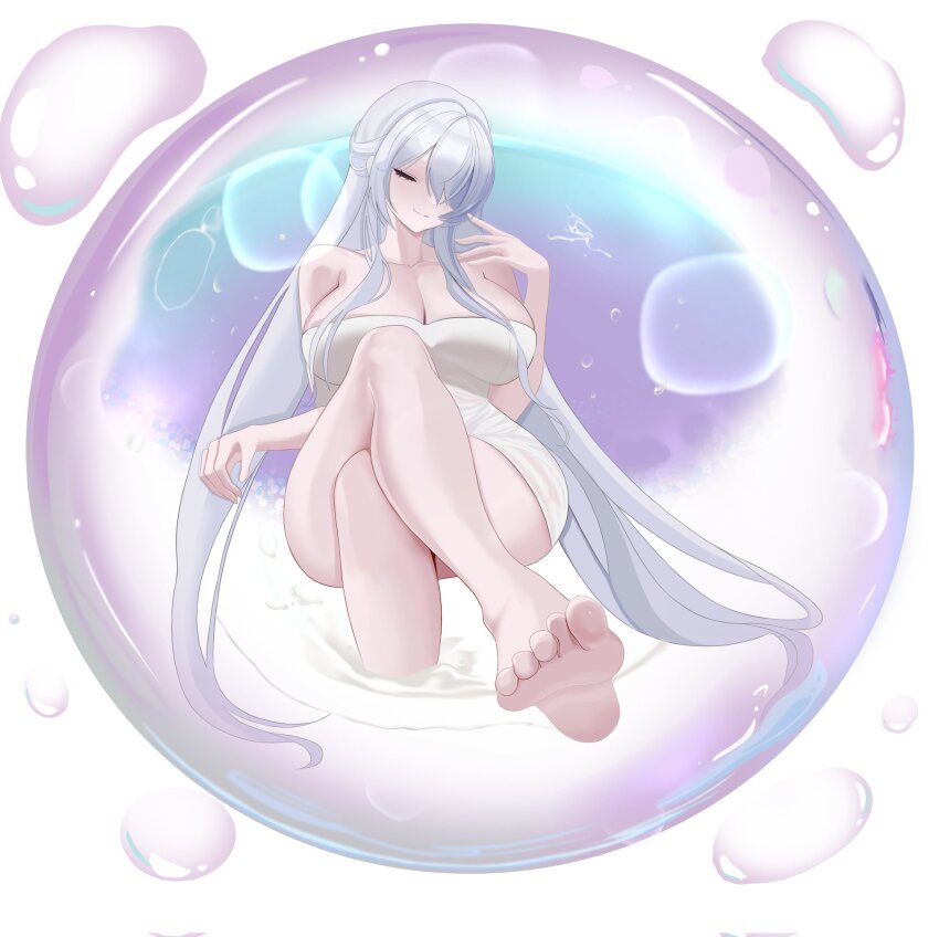 1girl barefoot blush breasts bubble cinderella_(nikke) cleavage closed_eyes closed_mouth dodo1792295 floating goddess_of_victory:_nikke hair_over_one_eye highres in_bubble in_container large_breasts long_hair naked_towel one_eye_covered smile solo towel very_long_hair white_hair