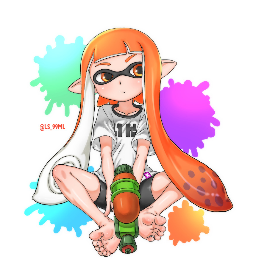 1girl absurdres artist_name barefoot bike_shorts black_shorts blunt_bangs casual child closed_mouth collarbone colored_eyebrows domino_mask eyebrows facing_viewer feet female_focus flat_chest gun highres holding holding_weapon ink inkling_player_character legs long_hair looking_to_the_side mask monster_girl neck nintendo orange_eyes orange_hair paint_gun paint_splatter pointy_ears print_shirt shiny_skin shirt short_shorts short_sleeves shorts simple_background sitting skin_tight soles splash-o-matic_(splatoon) splatoon_(series) splatter_background squid_girl tentacle_hair tentacles thighs toe_scrunch toenails toes tsukimaru_(ls_99ml) twitter_username weapon white_shirt