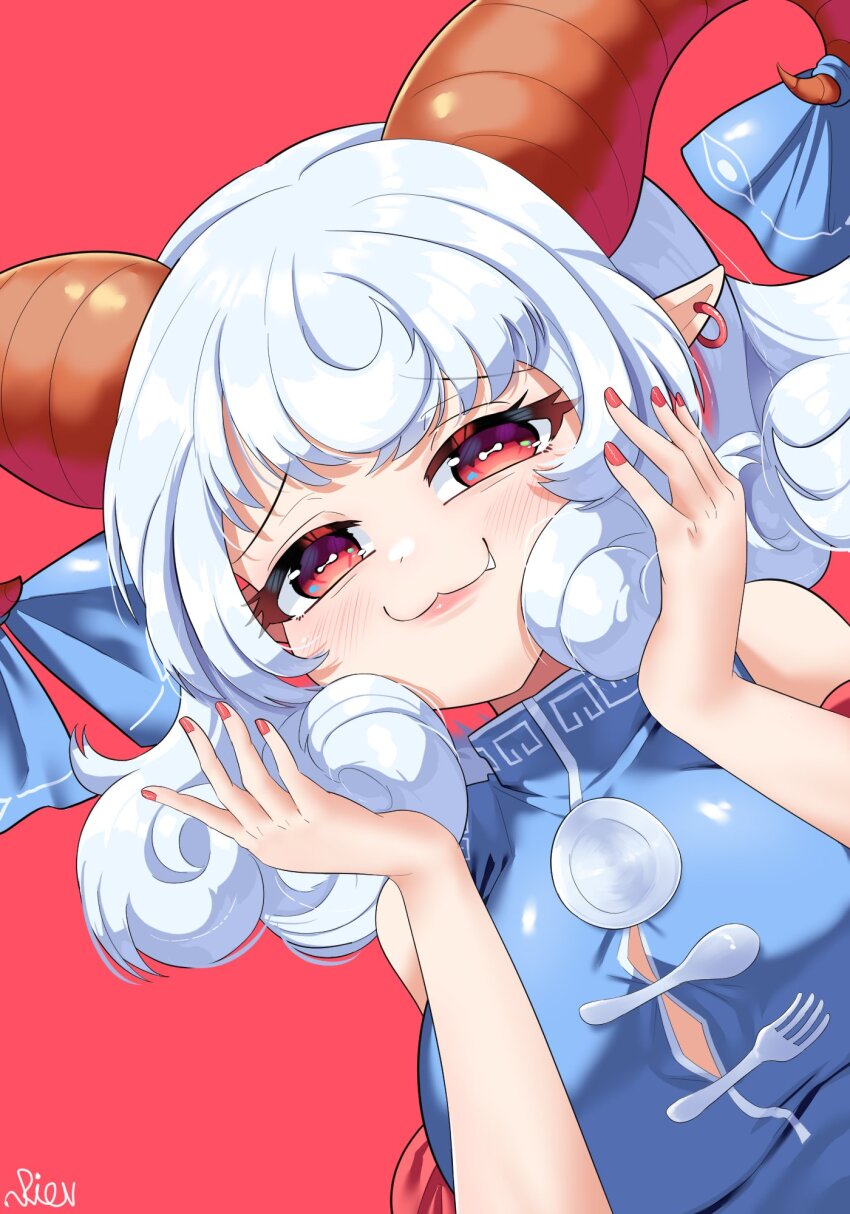 1girl :3 blue_dress curly_hair dress earrings fork highres holding holding_own_hair horizontal_pupils horn_ornament horn_ribbon horns jewelry nail_polish patterned_clothing pointy_ears red_eyes red_horns red_sleeves ribbon rion_(user_ufvg8527) sheep_horns short_hair signature smile spoon touhou toutetsu_yuuma
