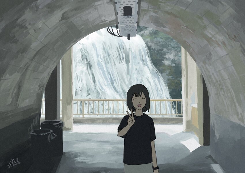 1girl 4_89 :d black_hair black_shirt ceiling_light closed_eyes dated dot_nose highres open_mouth original railing real_world_location shirt short_hair short_sleeves smile solo t-shirt trash_can tunnel v watch water waterfall wristwatch