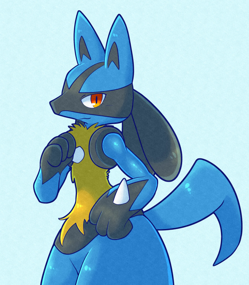 black_fur blue_background blue_fur gen_4_pokemon highres looking_at_viewer lucario momensarada multicolored_fur nintendo pokemon pokemon_(creature) red_eyes solo tail yellow_fur