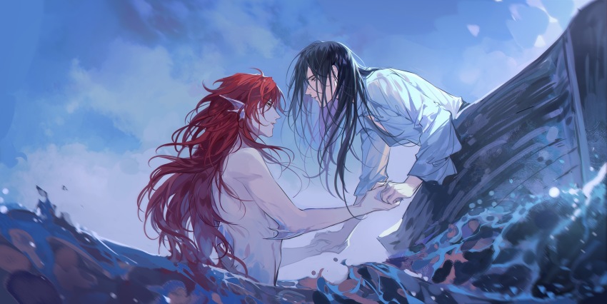 2boys absurdres back_fin black_hair blue_sky boat day eye_contact fins head_fins highres holding_hands leaning_forward long_hair looking_at_another looking_away male_focus merman monster_boy multiple_boys nude original outdoors parted_lips partially_submerged profile red_hair shirt sky water watercraft white_shirt xiandao1213