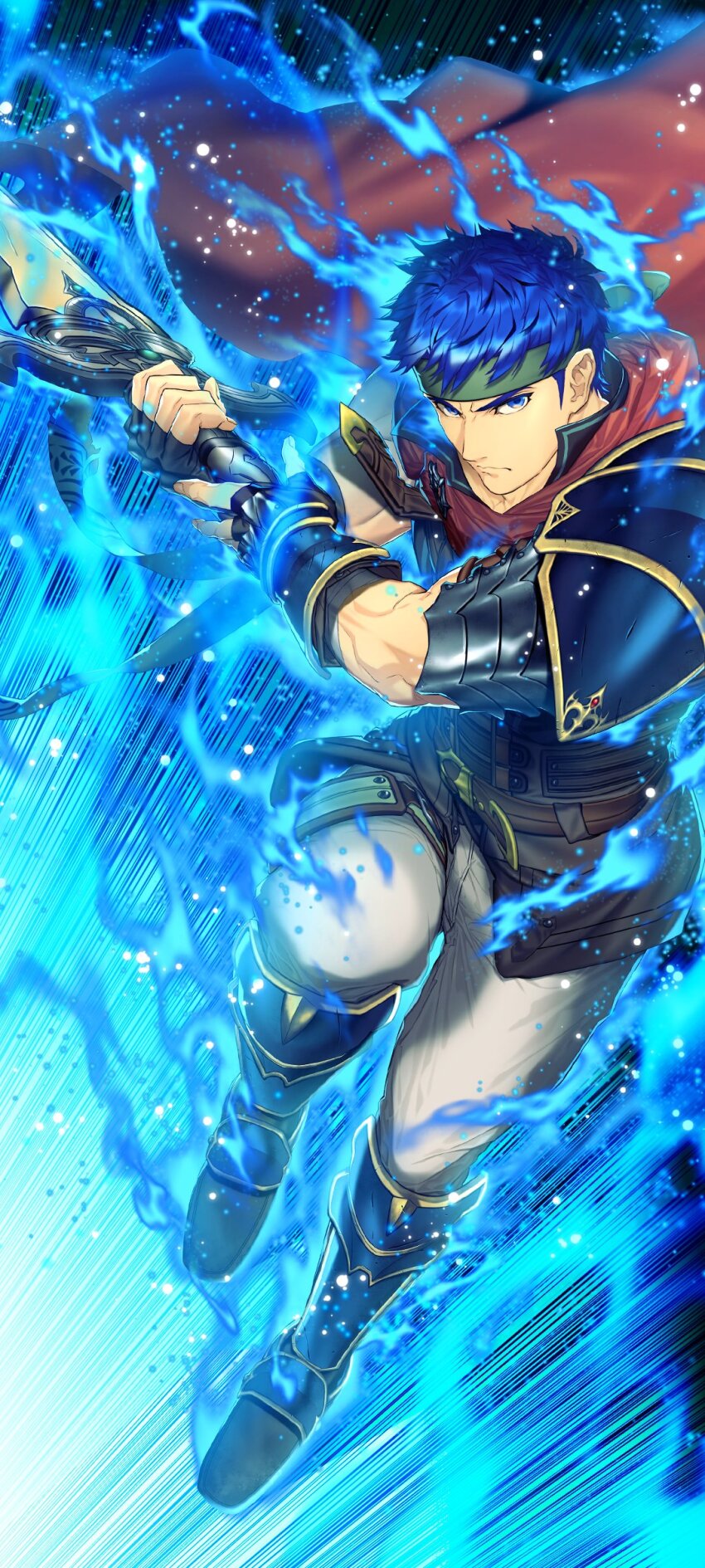 1boy absurdres attack aura blue_aura blue_eyes blue_hair brown_gloves cape closed_mouth fingerless_gloves fire_emblem fire_emblem:_radiant_dawn fire_emblem_engage fire_emblem_heroes gloves greatsword green_headband headband highres holding holding_sword holding_weapon ike_(emblem)_(fire_emblem) ike_(fire_emblem) male_focus muscular muscular_male nintendo official_art official_wallpaper okuma_yuugo pants ragnell red_cape single_shoulder_pad solo swinging sword v-shaped_eyebrows weapon white_pants