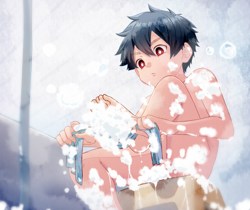 1boy bathing black_hair closed_mouth hair_between_eyes kemono_jihen kusaka_kabane male_focus nude red_eyes ronba1125 sitting soap_bubbles solo
