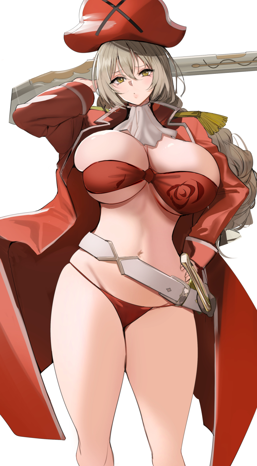 1girl absurdres amagi_brilliant_park ascot bare_shoulders belt bikini blush breasts brown_hair cleavage coat gun hareno_chiame hat highres large_breasts long_hair long_sleeves looking_at_viewer navel open_mouth pirate_hat red_bikini red_coat sento_isuzu solo swimsuit thighs weapon yellow_eyes