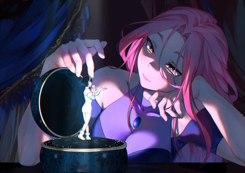 2girls absurdres alien_stage black_dress black_hair boots breasts cleavage commentary dress english_commentary giant giantess hairband head_on_hand highres holding holding_microphone long_hair microphone mini_person minigirl mizi_(alien_stage) multiple_girls music music_box nimbuseki off-shoulder_dress off_shoulder pink_hair short_hair singing sua_(alien_stage) white_boots white_dress white_hairband yellow_eyes