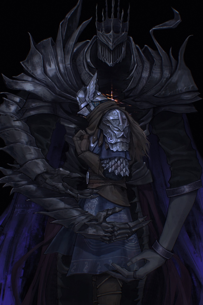 1boy 1other armor black_background blue_surcoat brown_cape brown_gloves cape elden_ring elden_ring_nightreign extra_arms flayyrart from_side full_armor gauntlets gloves great_rune_(elden_ring) helmet heolstor_the_nightlord highres scale_armor spiked_helmet winged_helmet wylder_(elden_ring)