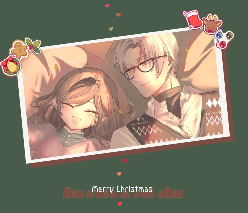 1boy 1girl bell box brown_hair brown_sweater christmas_ornaments christmas_stocking closed_mouth collared_shirt commentary_request coto_notte deer english_text facing_viewer from_above gift gift_box gingerbread_man glasses green_background grey_hair heart highres jingle_bell looking_at_viewer lying merry_christmas mistletoe on_back open_clothes photo_(object) pillow pink_sweater reindeer rosa_(tears_of_themis) rudolph_the_red_nosed_reindeer semi-rimless_eyewear shirt short_hair sweater tears_of_themis vyn_richter_(tears_of_themis) white_shirt yellow_eyes