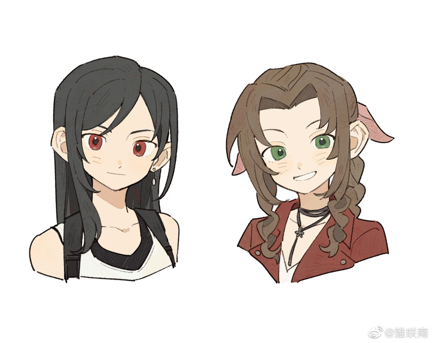 2girls aerith_gainsborough backpack bag bare_shoulders black_hair black_tank_top bow braid brown_hair buttons chinese_commentary coattails collarbone collared_jacket commentary_request cropped_torso earrings facial_mark final_fantasy final_fantasy_vii floating_earrings green_eyes grin hair_bow highres jacket jewelry light_smile long_hair looking_at_viewer minamip multiple_braids multiple_girls necklace open_clothes open_jacket parted_bangs pink_bow red_eyes red_jacket shirt simple_background single_earring single_sidelock smile tank_top tifa_lockhart watermark weibo_watermark weibo_watermark whisker_markings white_background white_shirt white_tank_top