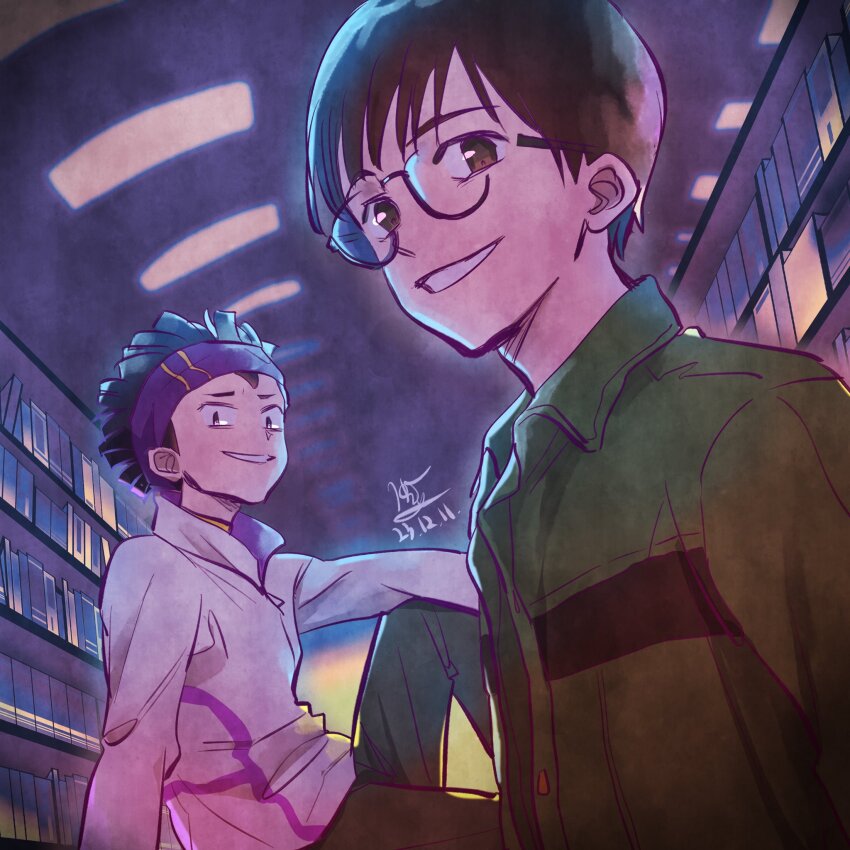 bandana digimon digimon_survive evil_smile highres kayama_shuuji library looking_at_viewer smile tominaga_ryo