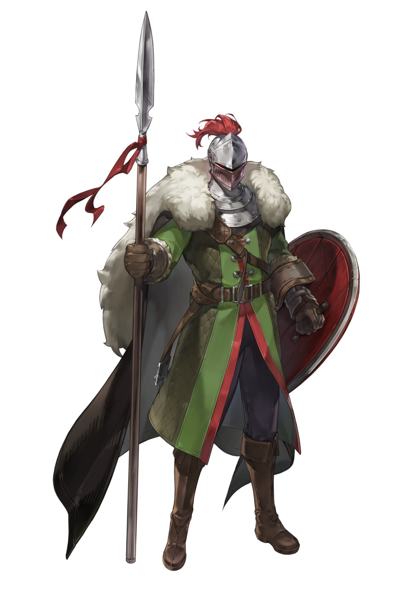 1boy armor artist_request belt belt_buckle boots brown_belt brown_boots buckle cape coat fur-trimmed_cape fur-trimmed_gloves fur_trim game_cg gilbert_winterguard gloves glowing glowing_eye goddess_order green_coat grey_cape grey_pants helm helmet highres holding holding_polearm holding_shield holding_weapon looking_at_viewer male_focus non-web_source official_art pants plume polearm shield simple_background solo standing tachi-e transparent_background weapon