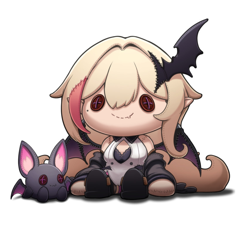 1girl black_boots black_jacket black_wings blonde_hair boots button_eyes buttons clero_(viprimo) closed_mouth dress fang head_wings highres jacket kou_mariya long_hair mole mole_under_eye non-web_source off_shoulder open_clothes open_jacket pink_hair pointy_ears single_head_wing sitting solo stuffed_bat v4mirai virtual_youtuber white_dress wings