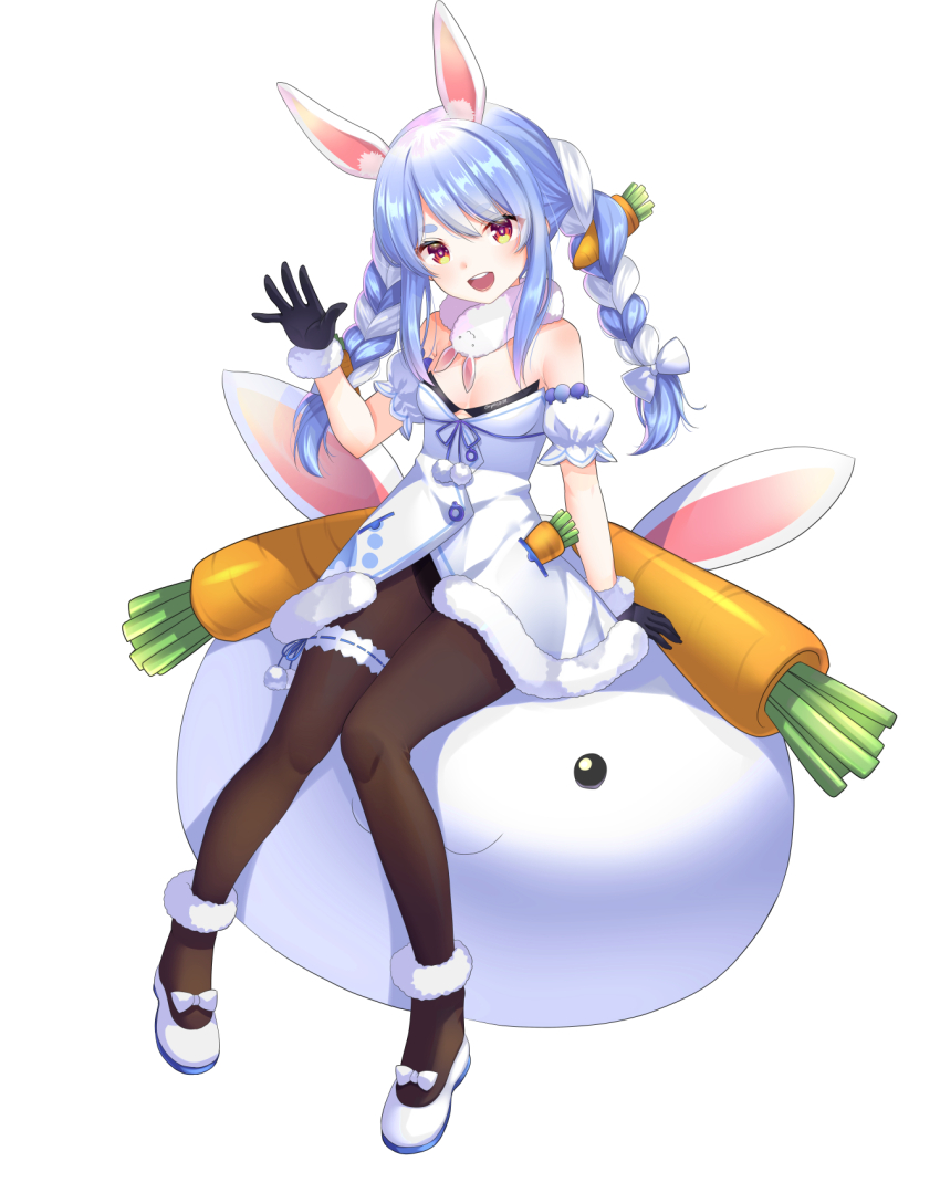 1girl :d animal_ear_fluff animal_ears ankle_garter black_gloves blue_hair blush braid breasts brown_pantyhose carrot_hair_ornament cleavage coat coat_dress commentary detached_sleeves don-chan_(usada_pekora) dress food-themed_hair_ornament frilled_thigh_strap full_body fur-trimmed_coat fur-trimmed_gloves fur_trim gloves hair_ornament highres hololive ishida_aya knees_together_feet_apart long_hair looking_at_viewer mixed-language_commentary open_mouth orange_eyes pantyhose pekomon_(usada_pekora) pom_pom_(clothes) rabbit_ears rabbit_girl short_eyebrows short_sleeves simple_background sitting small_breasts smile solo thick_eyebrows thigh_strap twin_braids usada_pekora usada_pekora_(1st_costume) virtual_youtuber white_background white_footwear white_hair