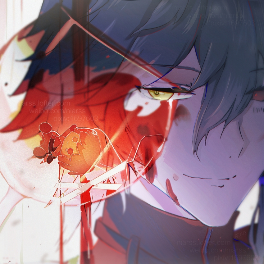 1boy cup drinking_glass highres looking_at_viewer male_focus marionette niarss punishing:_gray_raven puppet roland_(pgr) smile solo white_background wine_glass yellow_eyes