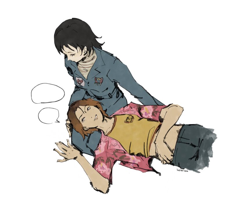 1boy 1girl anya_(mouthwashing) black_hair black_pants blue_jacket breasts brown_hair closed_eyes daisuke_(mouthwashing) hawaiian_shirt highres jacket kurorium lap_pillow long_sleeves medium_breasts medium_hair midriff mouthwashing pants parted_bangs parted_lips pink_shirt print_shirt shirt shirt_under_shirt short_hair short_sleeves striped_clothes striped_shirt talking white_background yellow_shirt