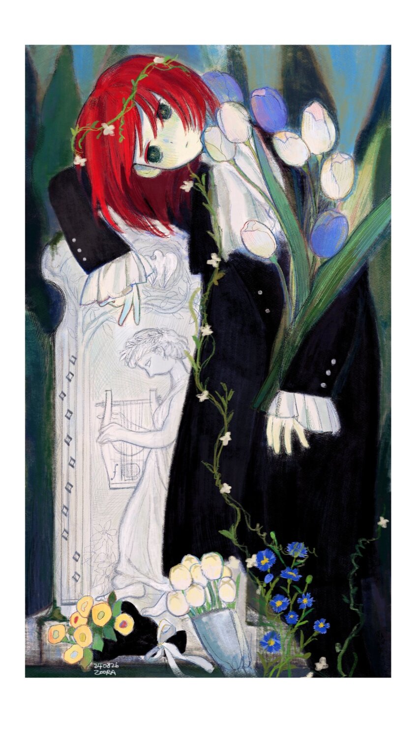 1girl artist_name black_coat blue_flower blue_tulip border bouquet coat dated flower highres leaning_on_object long_sleeves original plant red_hair relief sculpture signature solo standing tulip vines white_border white_flower white_tulip yellow_flower zoora
