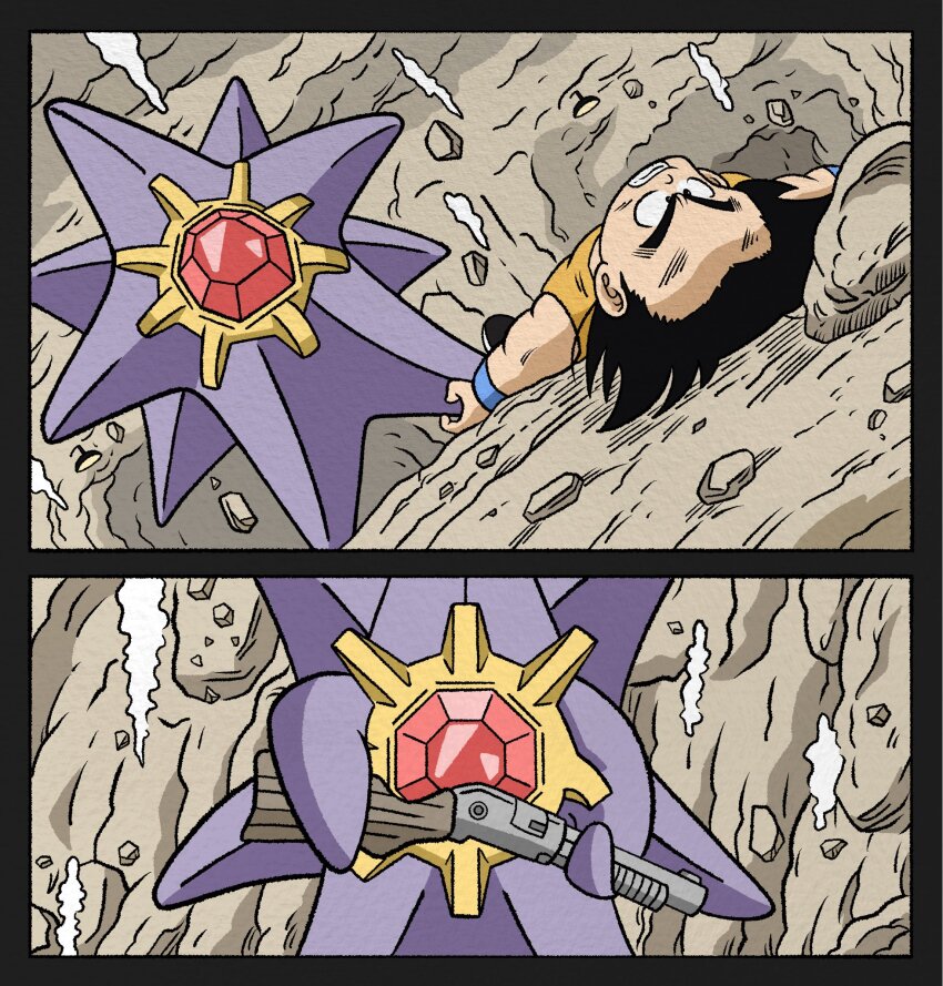 1boy black_eyes black_hair colored_skin crossover dougi dragon_ball gem gen_1_pokemon gun highres holding holding_gun holding_weapon long_legs lying male_focus mega_pokemon mega_starmie muscular muscular_male nintendo no_eyes on_back open_mouth pokemon pokemon_(creature) purple_skin red_gemstone shotgun son_goku spiked_hair starfish starmie weapon wesatinthecar