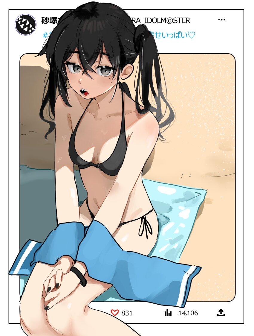 1girl :o absurdres bikini black_bikini black_hair blush breasts collarbone crossed_bangs feet_out_of_frame fingernails highres idolmaster idolmaster_cinderella_girls looking_at_viewer mat mole mole_under_eye nail_polish navel outside_border sand sharp_teeth side-tie_bikini_bottom sitting small_breasts solo sunazuka_akira swimsuit teeth towel twintails u_no_nijiart