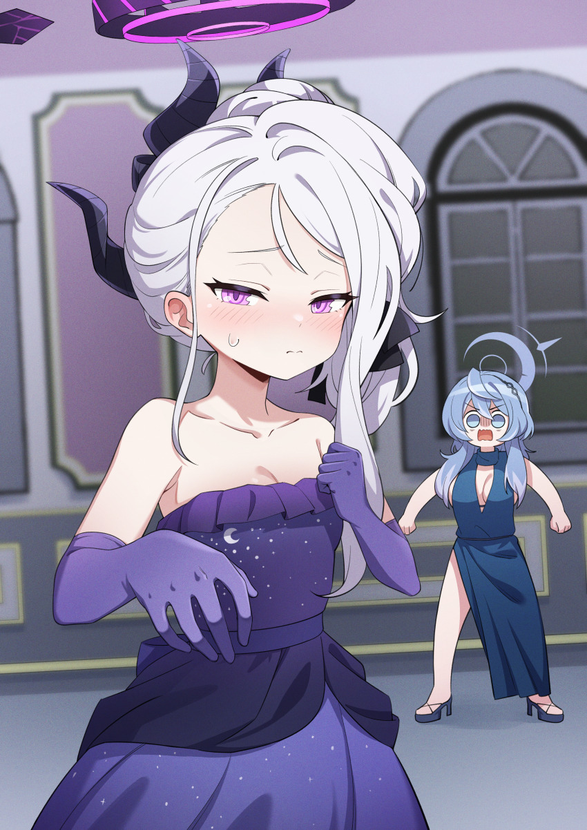 2girls absurdres ako_(blue_archive) ako_(dress)_(blue_archive) black_footwear black_hairband black_horns blue_archive blue_dress blue_eyes blue_hair blue_halo blush breasts cleavage closed_mouth demon_horns dress elbow_gloves gloves golmonggu hair_between_eyes hairband halo high_heels highres hina_(blue_archive) hina_(dress)_(blue_archive) horns large_breasts long_hair multiple_girls multiple_horns official_alternate_costume official_alternate_hairstyle purple_dress purple_eyes purple_gloves sideboob sleeveless sleeveless_dress small_breasts strapless strapless_dress white_hair