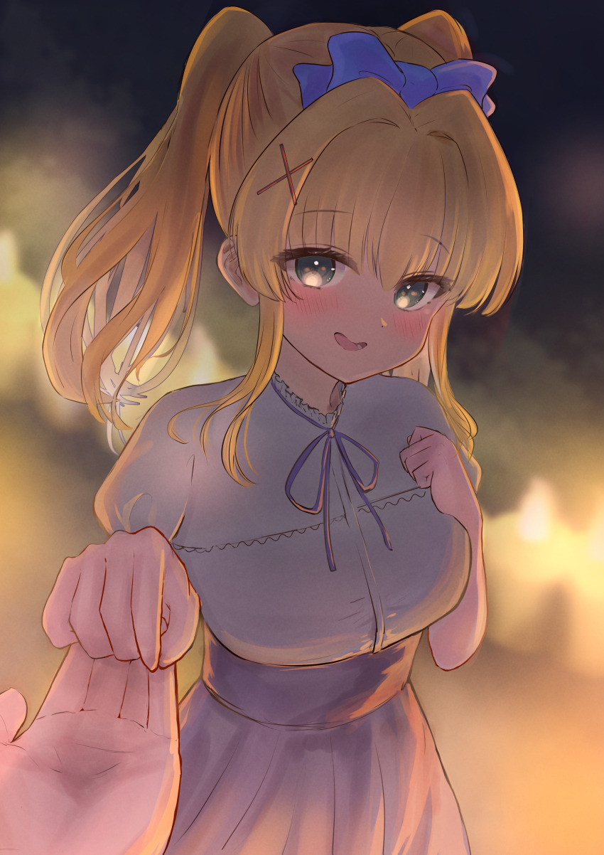 1girl 1other absurdres backlighting blonde_hair blue_bow blue_ribbon blue_skirt blurry blurry_background blush bow candle clenched_hand commentary_request cowboy_shot eyelashes eyes_visible_through_hair green_eyes hair_between_eyes hair_bow hair_intakes hair_ornament hands_up happy high-waist_skirt highres holding_hands kokoroofiscream long_hair looking_at_viewer lower_teeth_only neck_ribbon night official_alternate_costume open_mouth outdoors pov pov_hands ribbon shirt sidelocks skirt smile solo_focus summer_pockets teeth tsumugi_wenders twintails white_shirt x_hair_ornament