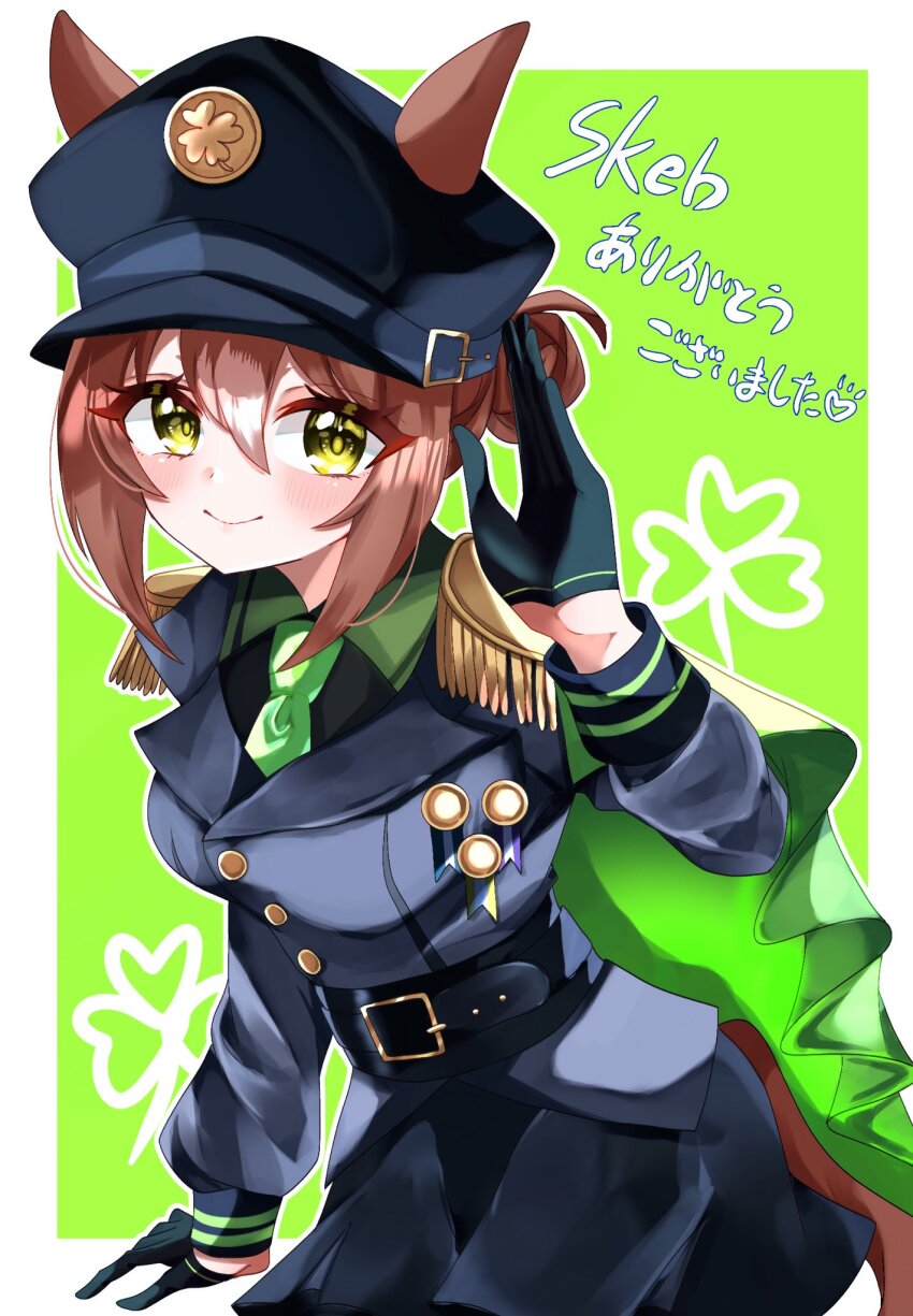 animal_ears blush breasts brown_hair cape commission disney_o626 fine_motion_(umamusume) folded_ponytail gloves green_background green_eyes hair_between_eyes hair_ornament hat highres horse_ears horse_tail looking_at_viewer medium_breasts medium_hair military_uniform simple_background skeb_commission smile tail umamusume