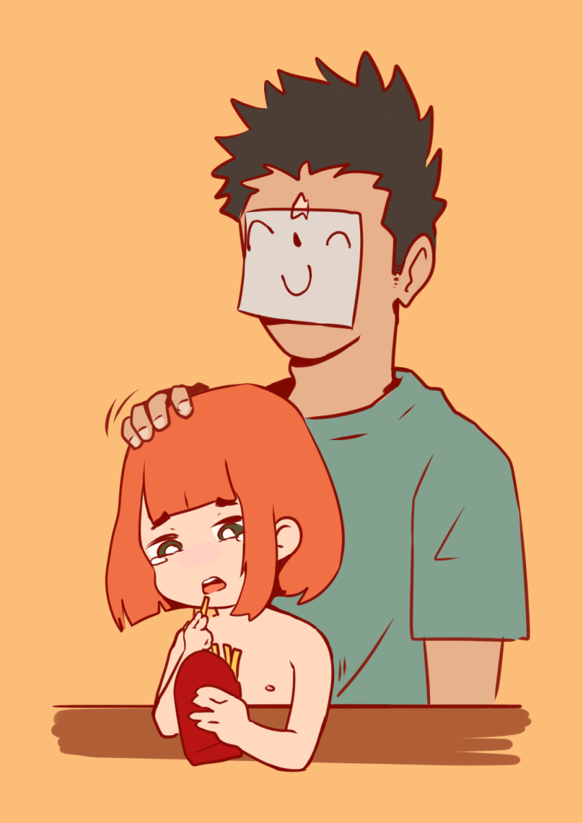 1boy 1girl age_difference crying crying_with_eyes_open daughter_(yoru_mac) eating father_and_daughter flat_chest green_eyes hetero implied_after_rape incest loli looking_at_object looking_down mcdonald&#039;s medium_hair nipples open_mouth orange_background orange_hair oscarlllll sad scared size_difference solo_focus tears upper_body yoru_mac