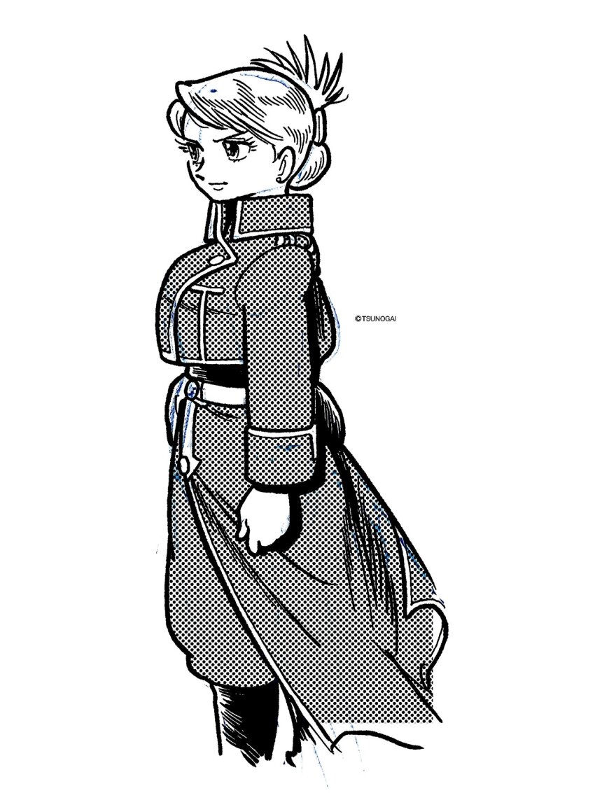1girl amestris_military_uniform arm_at_side artist_name baggy_pants black_boots black_outline black_undershirt boots breasts buttons clenched_hand closed_mouth copyright_notice cropped_jacket cropped_legs earrings english_text eyelashes feet_out_of_frame folded_ponytail from_side fullmetal_alchemist highres jacket jewelry jpeg_artifacts knee_boots long_sleeves looking_ahead medium_breasts military_jacket outline pants ponytail retro_artstyle riza_hawkeye screentones sketch sleeve_cuffs solo tezuka_osamu_(style) tsunogai undershirt waist_cape white_background
