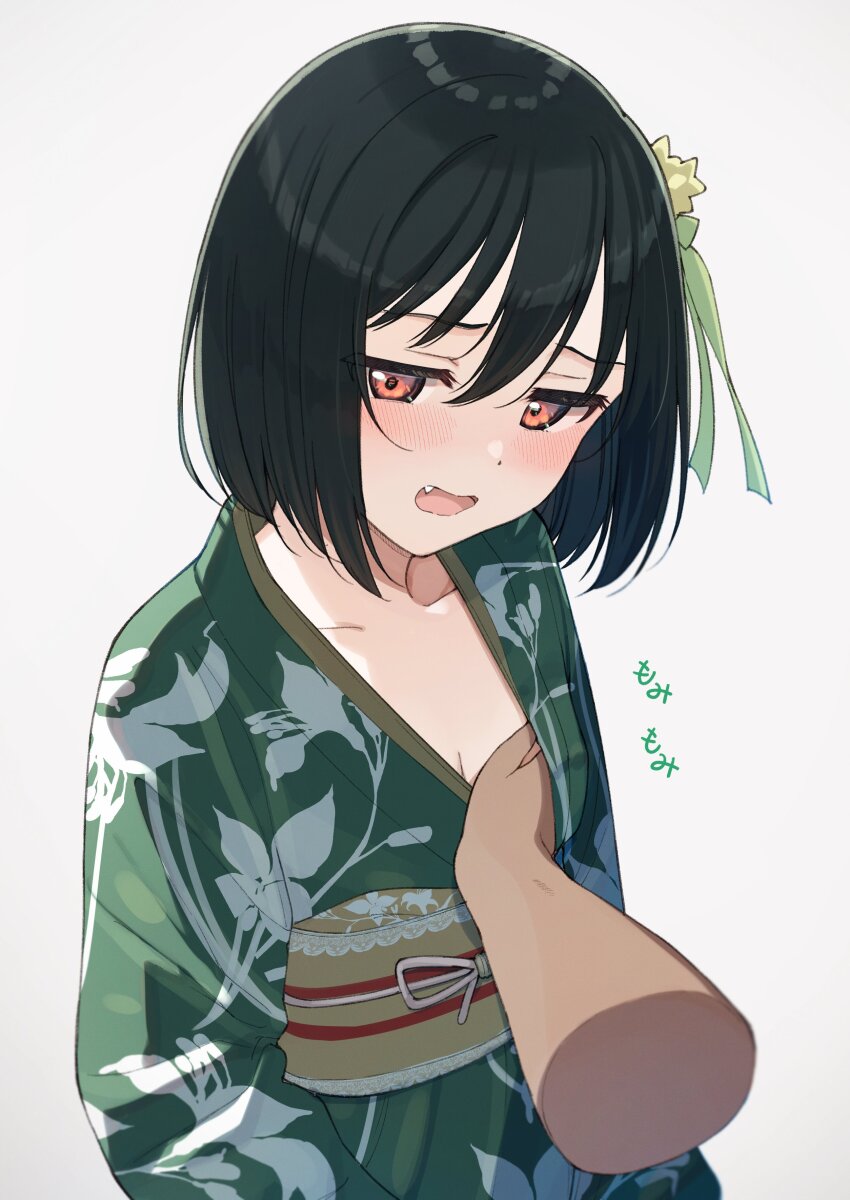 1girl absurdres blush breasts fang floral_print grabbing_another&#039;s_breast green_hair green_kimono groping hair_ornament highres japanese_clothes kimono looking_to_the_side love_live! love_live!_nijigasaki_high_school_idol_club mifune_shioriko nerv obi print_kimono red_eyes sash short_hair simple_background small_breasts tata_(tataice) white_background yukata