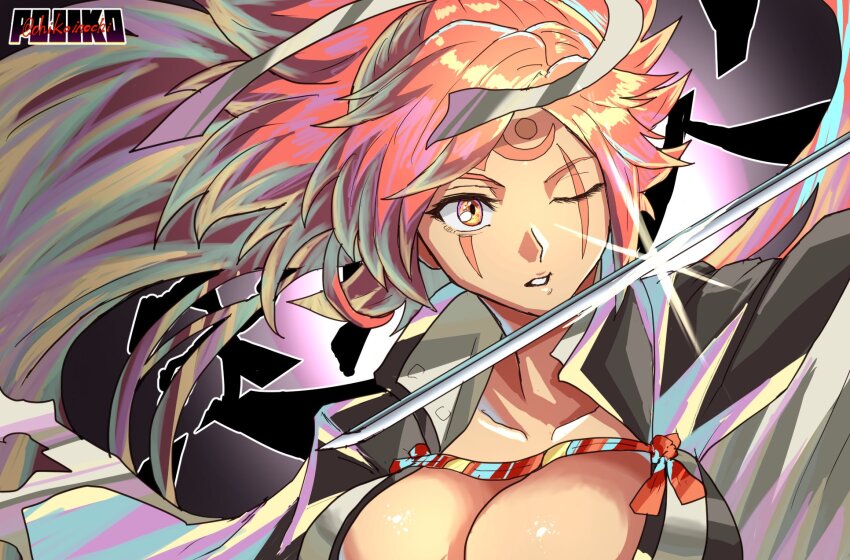 1girl baiken big_hair black_jacket breasts chikoinochi facial_tattoo guilty_gear guilty_gear_strive guilty_gear_xrd highres jacket jacket_on_shoulders japanese_clothes kataginu katana kimono large_breasts long_hair looking_at_viewer multicolored_kimono one-eyed open_clothes open_kimono orange_eyes parted_lips pink_hair ponytail samurai scar scar_across_eye scar_on_face sword tattoo weapon