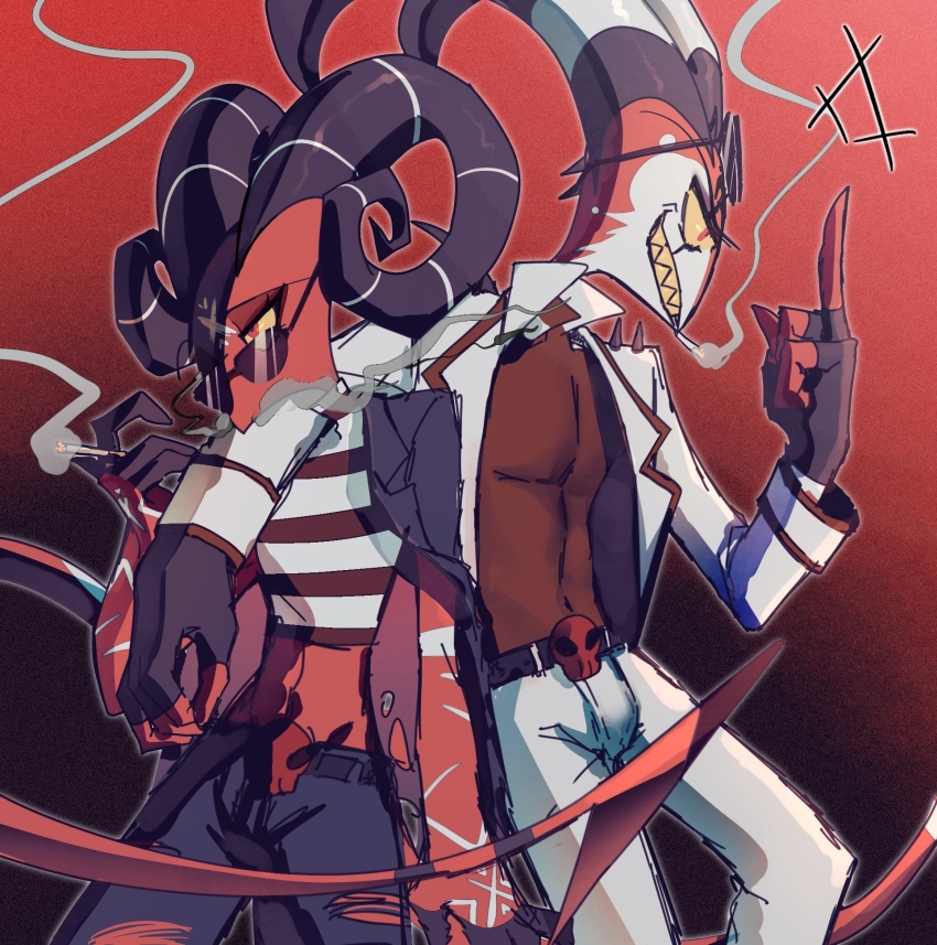 1boy 1girl barbie_wire_(helluva_boss) black_jacket blitzo_(helluva_boss) colored_skin crop_top curled_horns demon_boy demon_girl demon_horns demon_tail guifulanxin092 helluva_boss highres horns jacket middle_finger open_clothes open_jacket red_skin sharp_teeth siblings tail teeth twins white_jacket