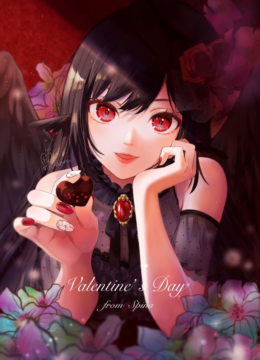 1girl :d artist_name bare_shoulders black_hair black_wings brooch candy character_name chocolate chocolate_heart ear_wings english_text eyebrows_hidden_by_hair fingernails flower food hand_on_own_face head_tilt heart highres holding holding_food incoming_food jewelry long_hair looking_at_viewer nose open_mouth original primrose_(flower) red_brooch red_eyes red_nails rose smile solo upper_body valentine white_nails wings yuyuharu_1027
