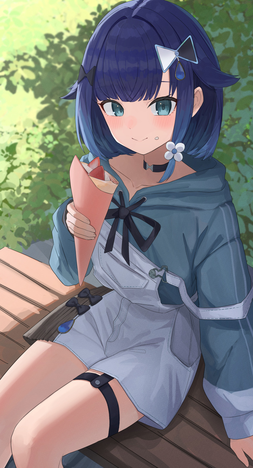 1girl absurdres bench black_choker blue_eyes blue_hair blue_hoodie blush choker collarbone crepe flower_hairpin food food_on_face garter_straps gradient_hair hair_flaps hair_ornament hairpin highres holding holding_crepe holding_food hood hoodie looking_at_viewer medium_hair multicolored_hair multiple_hairpins outdoors overalls ronununn single_garter_strap sitting solo thigh_strap tsumugi_kokage virtual_youtuber vspo! water_drop_hair_ornament white_overalls wooden_bench