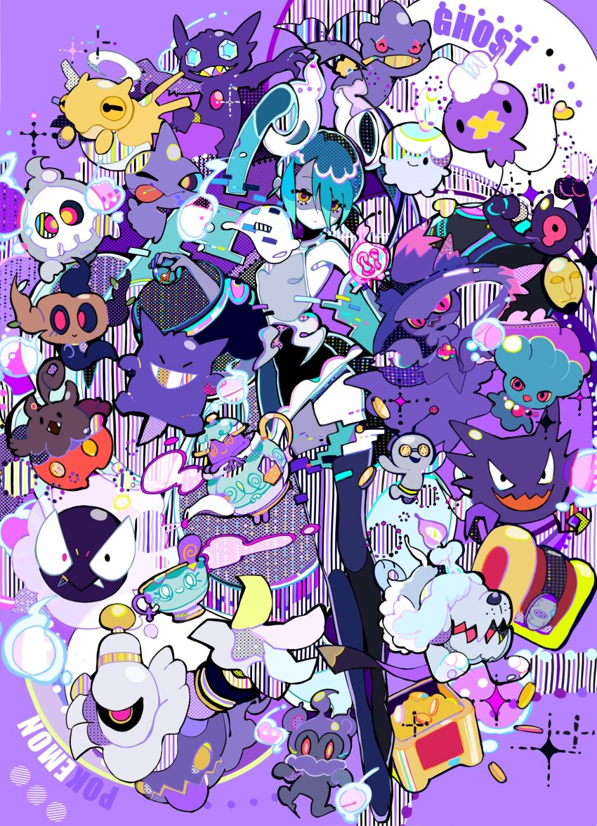 1girl :| absurdres bare_shoulders black_thighhighs closed_mouth coin creatures_(company) detached_sleeves dusk_ball duskull english_text floating floating_object four-pointed_star full_body game_freak gen_1_pokemon gen_3_pokemon gen_5_pokemon gen_7_pokemon gengar ghost ghost_miku_(project_voltage) glitch grey_shirt hair_between_eyes halftone hatsune_miku highres holding holding_poke_ball litwick long_hair looking_at_viewer mimikyu multicolored_eyes n79oqc3yja6jlof nintendo pale_skin poke_ball pokemon pokemon_(creature) project_voltage purple_background shirt skirt smoke thighhighs twintails very_long_hair vocaloid