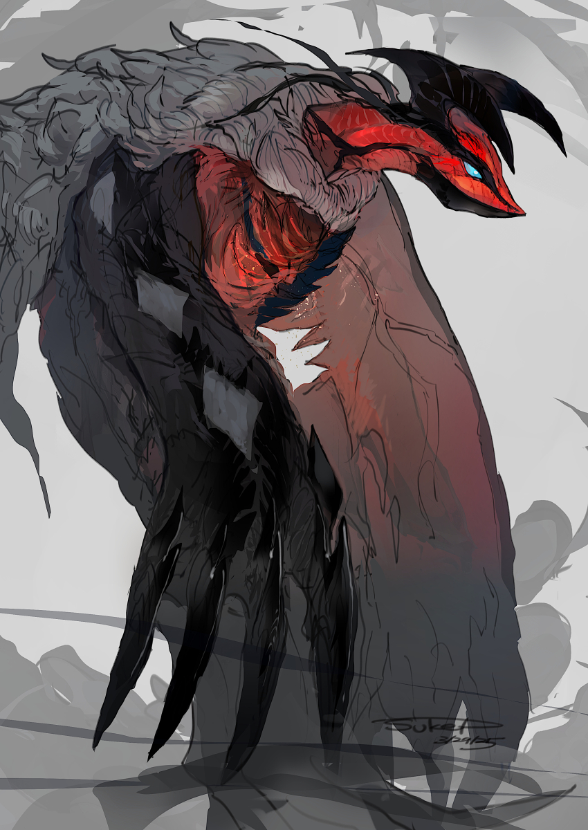 absurdres black_skin blue_eyes claws colored_skin flying gen_6_pokemon grey_background highres horns legendary_pokemon nintendo no_humans pokemon pokemon_(creature) red_skin solo sukepmonster tail wings yveltal