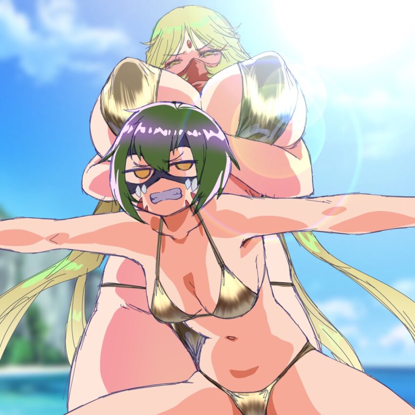 2girls angry beach bikini blonde_hair breasts cho-hakkaimon covering_own_mouth covering_privates crossed_arms digimon digimon_(creature) gerusyu gold_bikini green_hair huge_breasts huge_nipples long_hair looking_at_viewer mask medium_breasts multiple_girls sanzomon scarf size_difference swimsuit