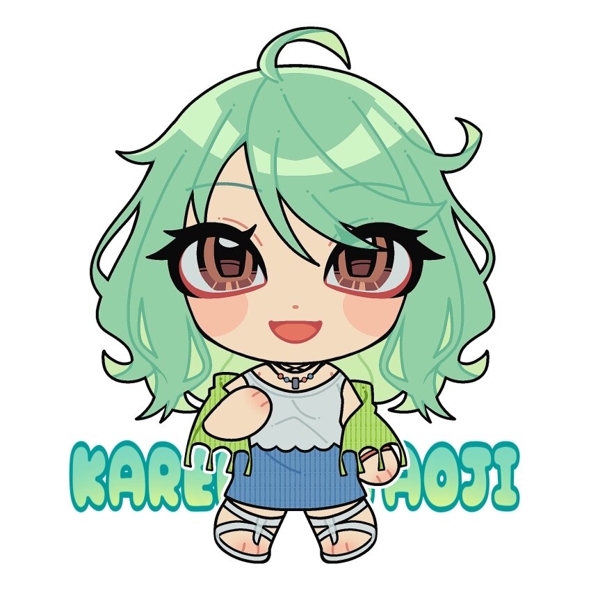 1girl blush_stickers bracelet chibi chiisaki_illust denim denim_skirt facing_viewer full_body green_hair green_shawl hand_on_own_chest highres jewelry kitaooji_karen long_hair long_skirt looking_at_viewer making_lovers necklace open_mouth orange_eyes parted_bangs romaji_text sandals shawl shirt simple_background skirt solo white_background white_sandals white_shirt