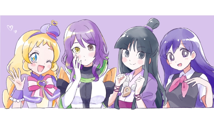 4girls ace_attorney alternate_eye_color black_eyes black_hair black_sweater_vest blonde_hair blue_eyes blush bow breasts bright_pupils brown_eyes closed_mouth collared_shirt color_connection cure_friendy gina_(gnosia) gnosia heterochromia highres inukai_iroha jewelry large_breasts long_hair looking_at_viewer mari_(headspace)_(omori) mari_(omori) maya_fey medium_breasts mihimihi31 multiple_girls neckerchief necklace omori one_eye_closed open_mouth precure purple_hair red_neckerchief shirt short_hair short_sleeves smile sweater_vest white_pupils white_shirt wonderful_precure! yellow_eyes