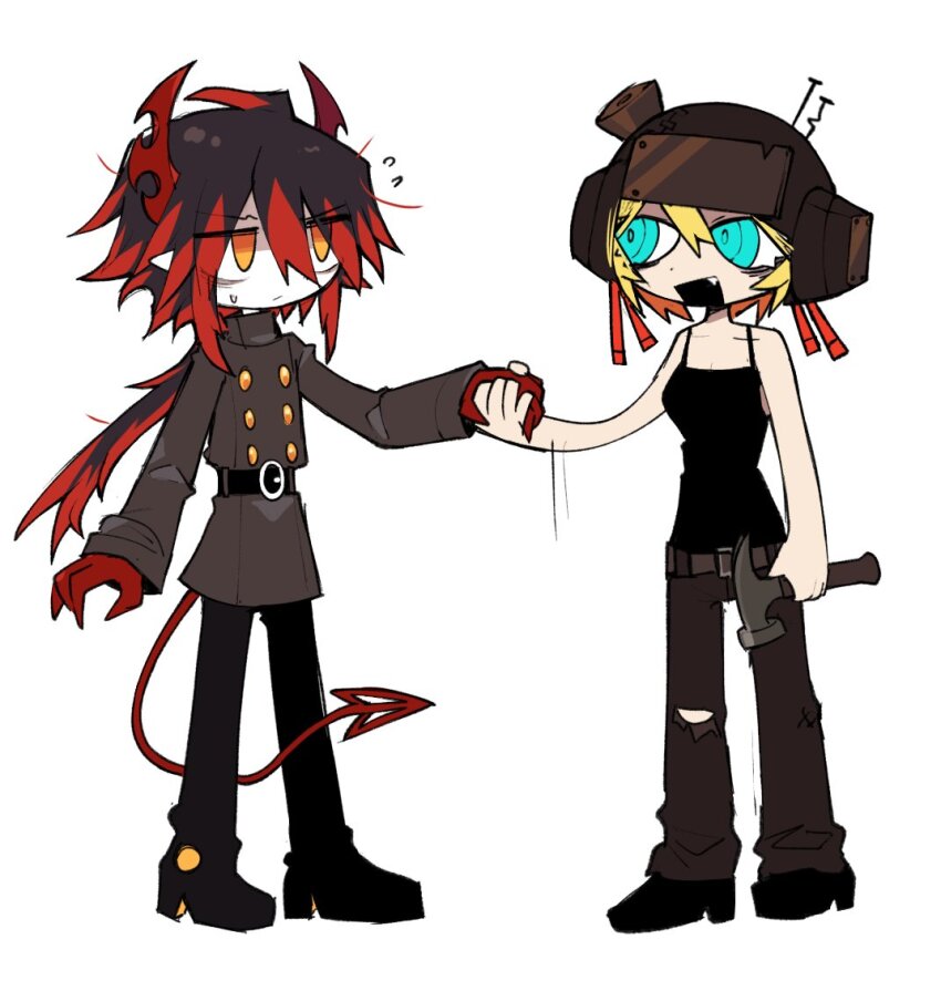 1boy 1girl @_@ bags_under_eyes belt black_belt black_boots black_hair black_shoes black_tank_top blonde_hair boots brown_belt brown_coat brown_pants buttons c&#039;venash_vishneri closed_mouth coat collarbone colored_extremities colored_skin commentary crossover demon_boy demon_horns demon_tail dot_nose english_commentary fang flying_sweatdrops funamusea haiiro_teien hair_between_eyes hammer handshake helmet holding holding_hammer horns ivlis_(funamusea) jitome long_hair looking_at_another low_ponytail motion_lines open_mouth orange_eyes pants pointy_ears ponytail psychopomp_(game) radio_antenna red_eyes red_hands shoes short_hair simple_background tail tank_top torn_clothes torn_pants vyrasyte white_background white_skin
