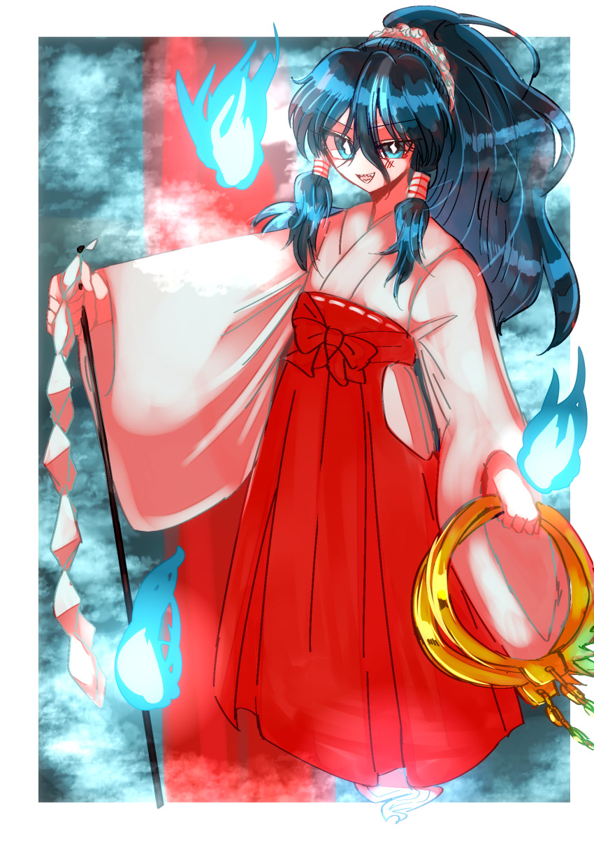 1girl blue_eyes blue_hair blush border commentary_request cuffs flat_chest full_body ghost_tail gohei hair_between_eyes hair_tubes hakama hakama_skirt handcuffs high_ponytail highres hitodama holding holding_handcuffs japanese_clothes long_bangs long_hair long_sleeves looking_at_viewer miko miyadeguchi_mizuchi open_mouth ponytail red_skirt sharp_teeth shippuu_jinnari shirt skirt smile smoke solo teeth touhou white_border white_shirt wide_sleeves