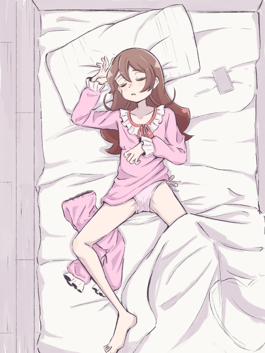 1girl barefoot bed breasts brown_hair comic_lo delicious_party_precure groin highres miyao385 pajamas panties precure sakura_uta_(precure) sleeping small_breasts solo thighs underwear