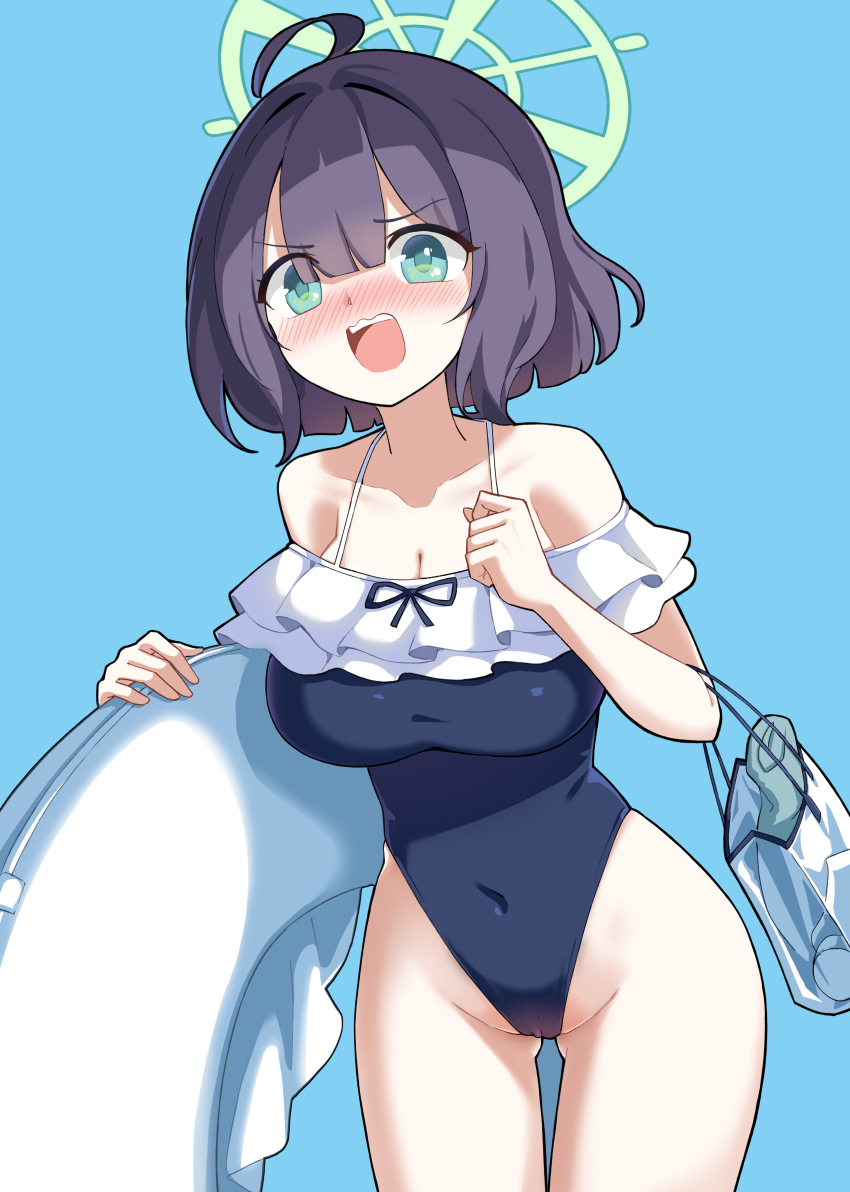 1girl absurdres alternate_costume bag black_hair black_one-piece_swimsuit blue_archive blunt_bangs blush breasts collarbone commentary cosplay embarrassed english_commentary green_eyes hair_between_eyes halo highleg highleg_one-piece_swimsuit highres hm_(hmongt) holding holding_swim_ring innertube large_breasts looking_at_viewer miyako_(blue_archive) miyako_(blue_archive)_(cosplay) miyako_(swimsuit)_(blue_archive) one-piece_swimsuit saki_(blue_archive) short_hair sidelocks simple_background spaghetti_strap swim_ring swimsuit textless_version tote_bag