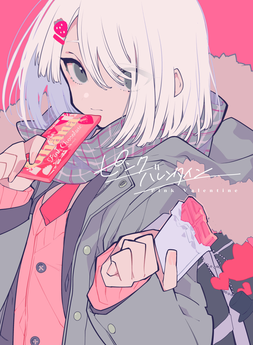1girl absurdres chocolate eyebrows_hidden_by_hair eyes_visible_through_hair fingernails food food-themed_hair_ornament fur-trimmed_jacket fur_trim ghana_(chocolate) green_jacket grey_eyes hair_ornament heart highres holding holding_chocolate holding_food jacket lotte_(company) medium_hair mochizuki_kei necktie original pink_background pink_nails pink_theme pink_valentine product_placement red_necktie scarf simple_background solo strawberry_hair_ornament valentine white_hair