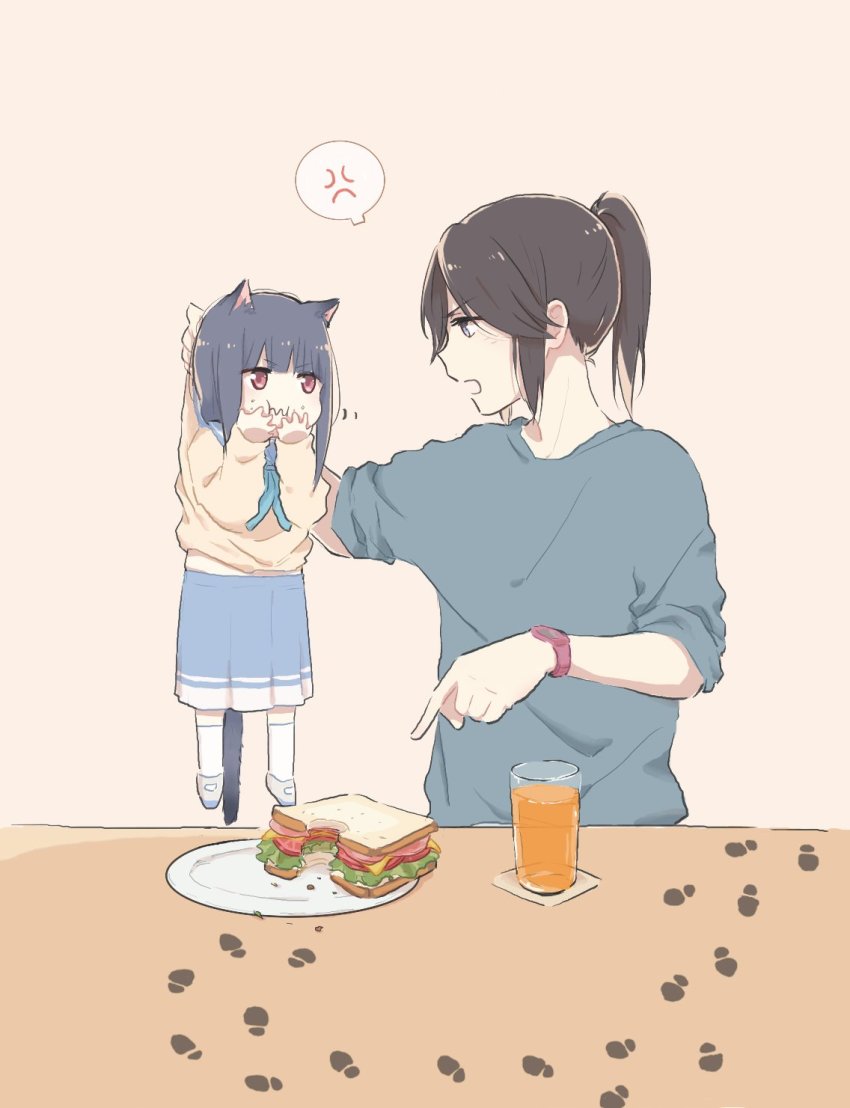 2girls anger_vein animal_ears blue_neckwear blue_shirt blue_skirt brown_hair cat_ears cat_tail chibi eating food footprints glass hand_to_own_mouth hibike!_euphonium highres juice kasaki_nozomi kemonomimi_mode lyy mini_person minigirl multiple_girls plate pointing ponytail red_eyes sandwich school_uniform shirt skirt sleeves_rolled_up socks spoken_anger_vein tail watch yoroizuka_mizore