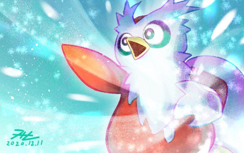 commentary_request dated delibird gen_2_pokemon looking_ahead nintendo no_humans null_suke odaibako open_mouth outstretched_arm pokemon pokemon_(creature) signature snow