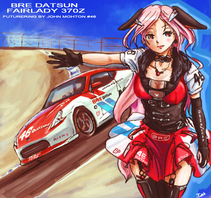1girl alternate_color animal_ears bikini black_gloves black_shirt black_thighhighs brown_eyes brown_hair car datsun elbow_gloves fur-trimmed_shirt fur_trim garter_straps gloves goodyear highres hill laguna_seca_raceway long_hair looking_at_viewer motor_vehicle nismo nissan_370z nissan_fairlady_z nissan_fairlady_z_(syanago_collection) open_hand open_mouth personification pink_hair racetrack real_world_location red_bikini red_skirt shirt single_elbow_glove skirt smile solo sponsor swimsuit syanago_collection thighhighs thrux vehicle_and_personification vehicle_name very_long_hair
